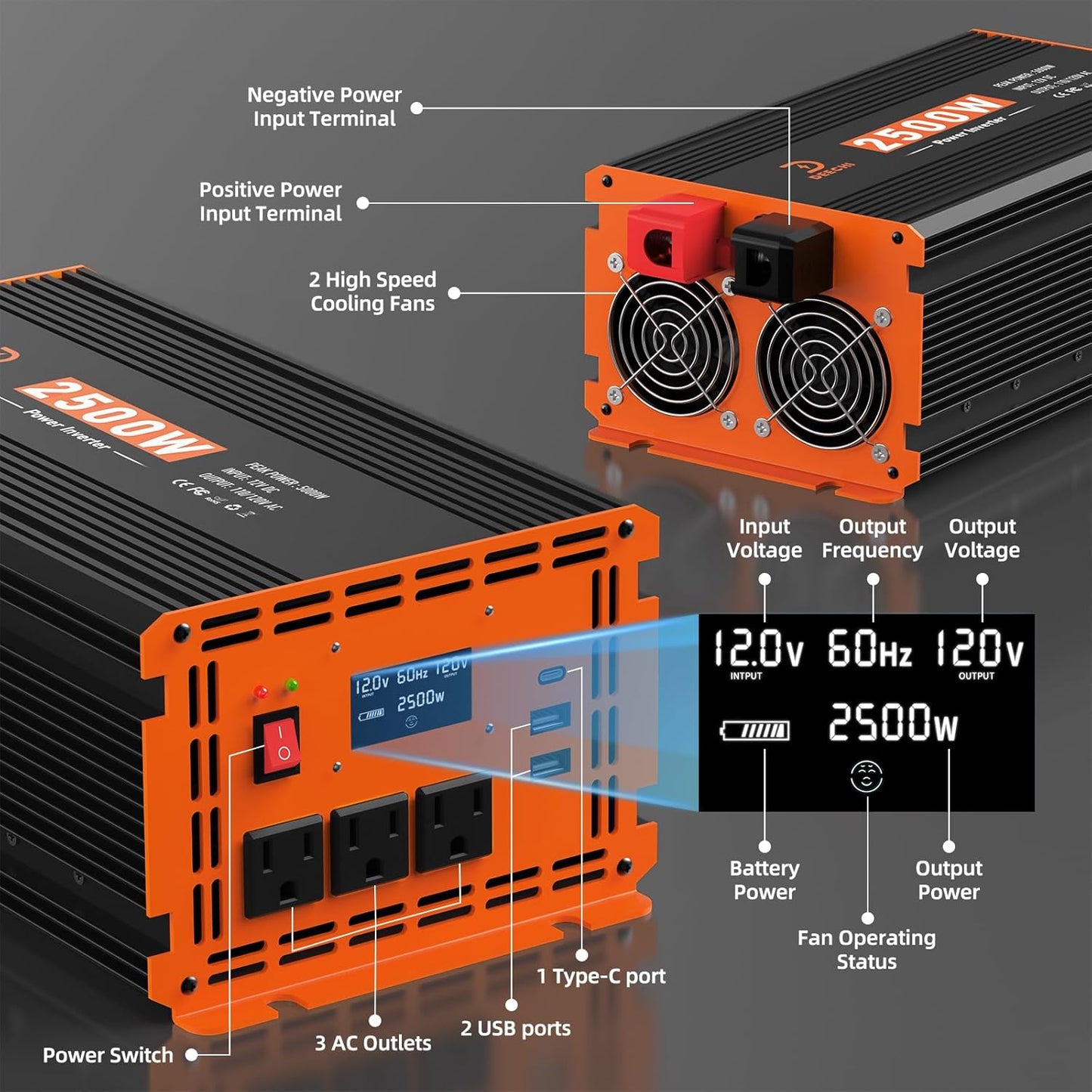 DEECHI 2500 Watt Power Inverter 12V DC to 110V/120V AC Converter