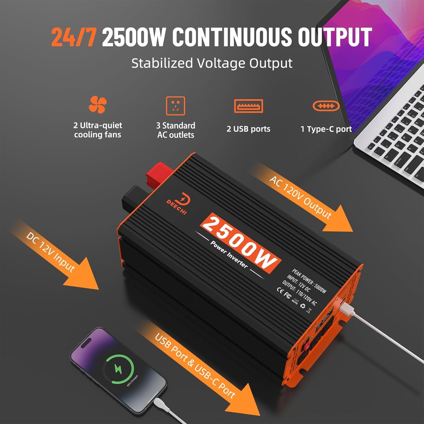 DEECHI 2500 Watt Power Inverter 12V DC to 110V/120V AC Converter