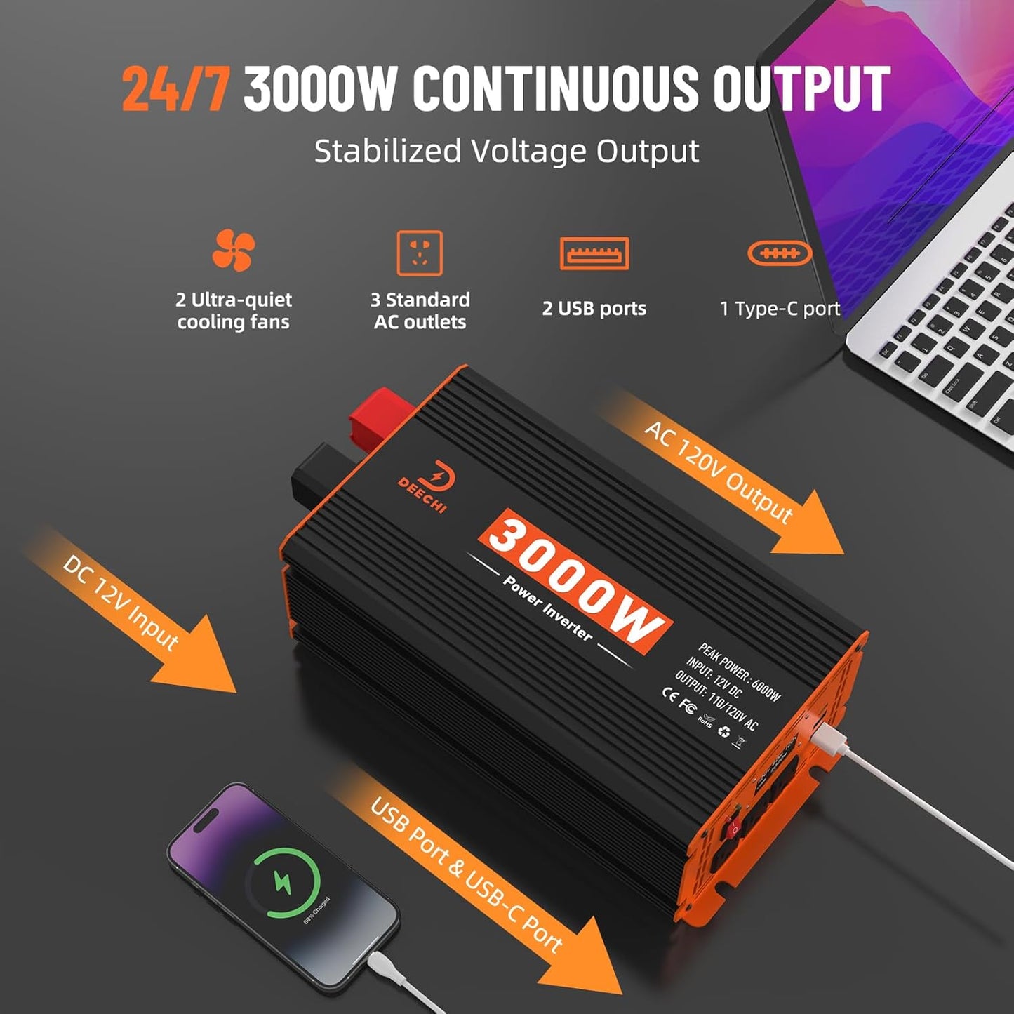 DEECHI 3000 Watt Power Inverter 12V DC to 110V/120V AC Converter