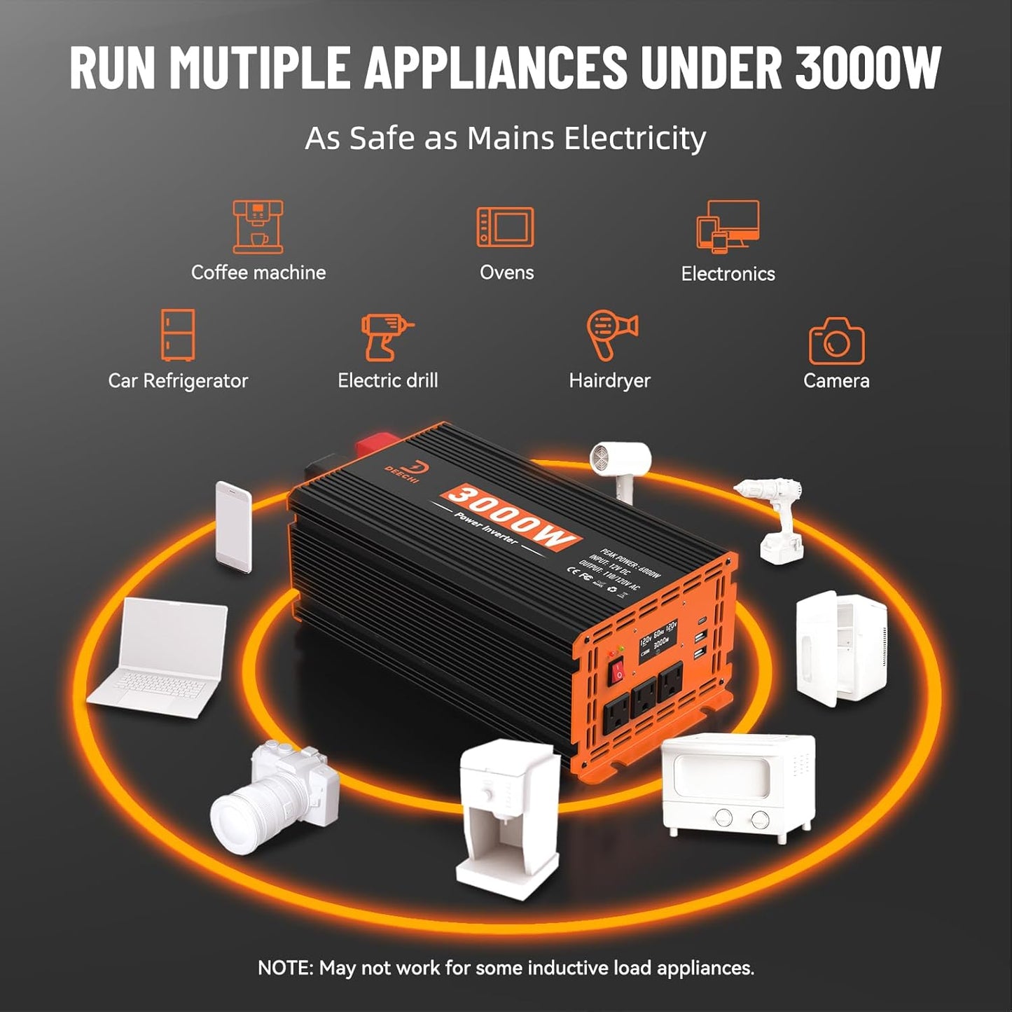 DEECHI 3000 Watt Power Inverter 12V DC to 110V/120V AC Converter
