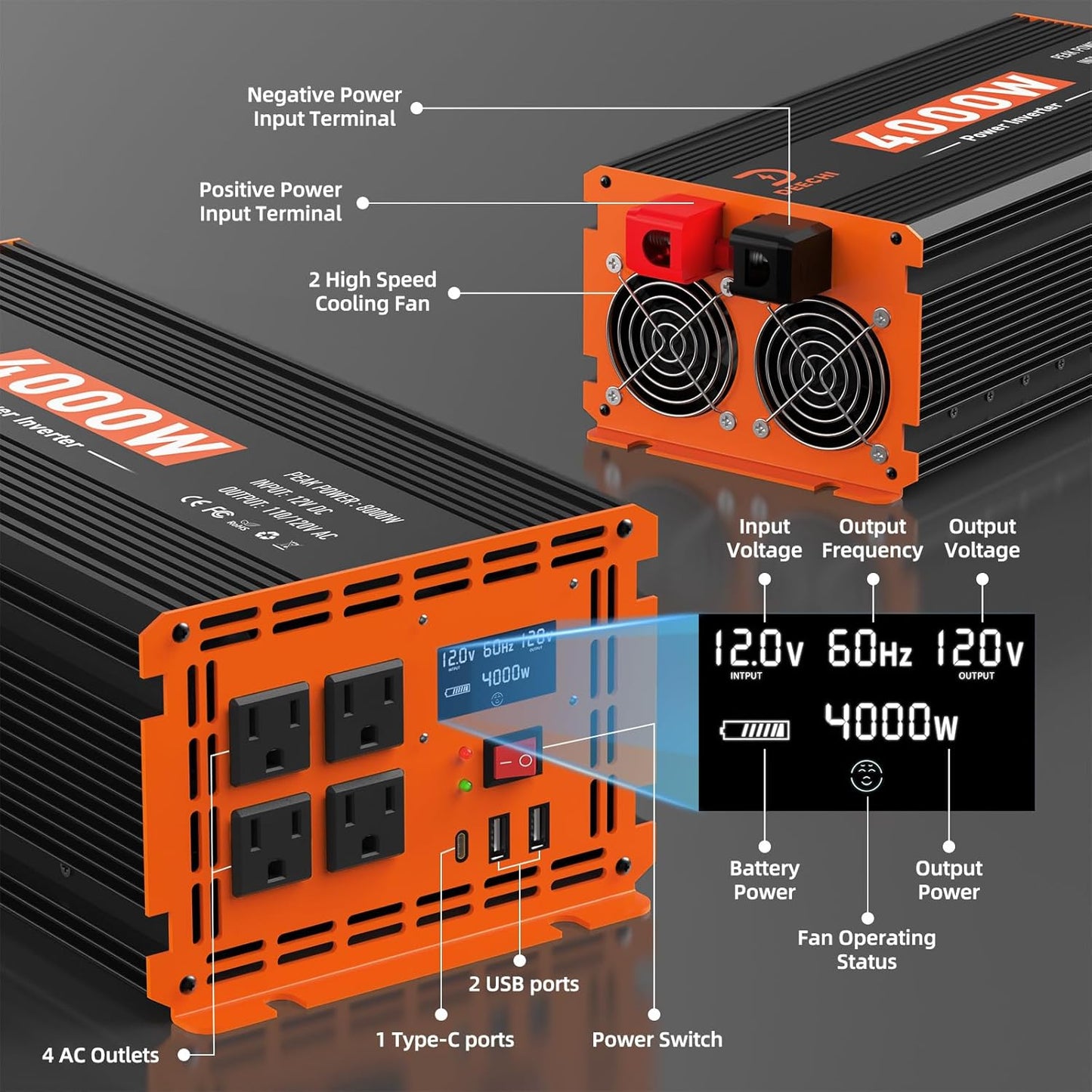 DEECHI 4000 Watt Power Inverter 12V DC to 110V/120V AC Converter