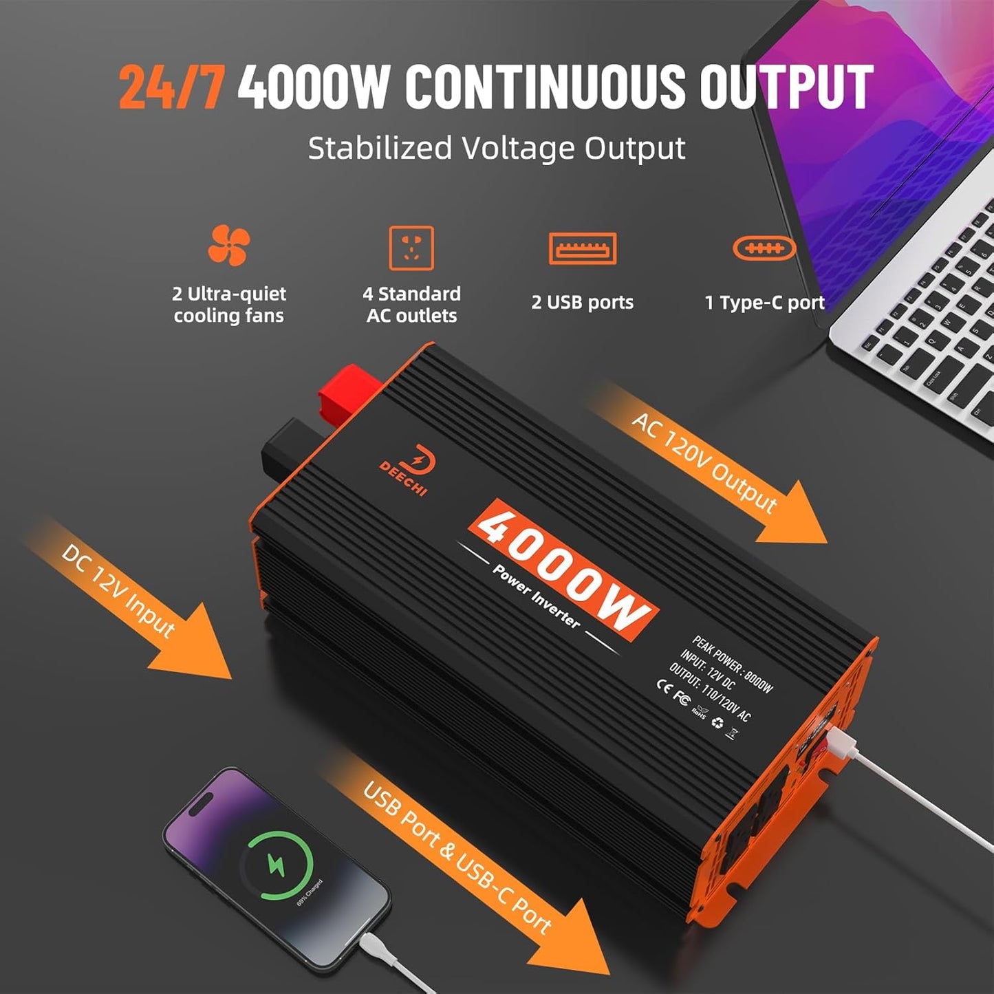 DEECHI 4000 Watt Power Inverter 12V DC to 110V/120V AC Converter